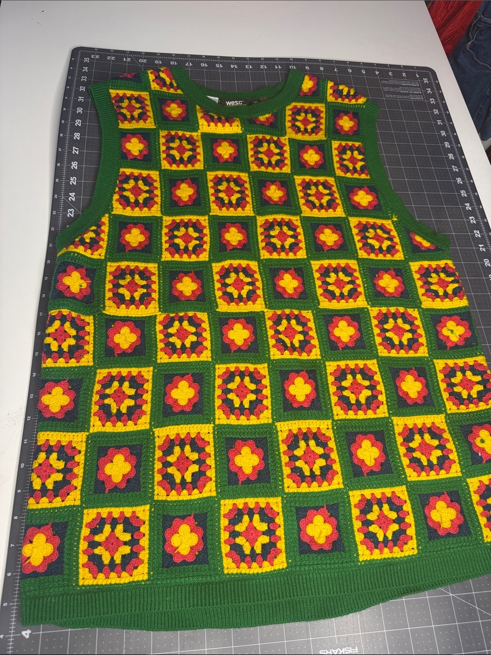 Wesc Crochet Granny Square Vest in Green, Yellow & Red UNISEX